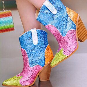 Cape Robbin Cowboy Western Ankle Heeled Boots Pointy Toe Sequin Slip-On NWOB 7.5
